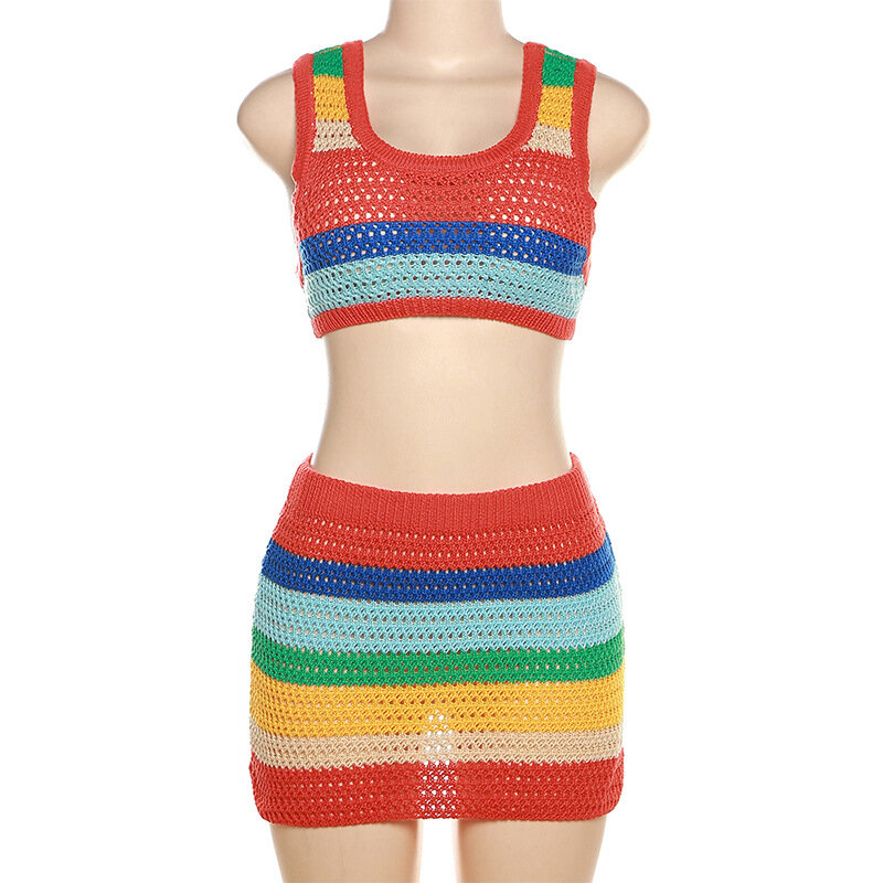 Women's Sexy 2-Piece Set Stripe Knit Sleeveless Round Neck Short Top +High Waist Slim Sports Skirt Summer Fashion Street Set