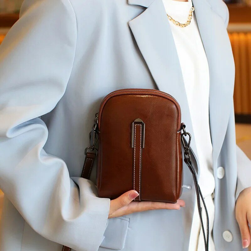 Summer Phone Bag Women's Oil Wax Cowhide Leather Crossbody Bag Fashionable and Casual Shoulder Bagladies' Small Shell Purse