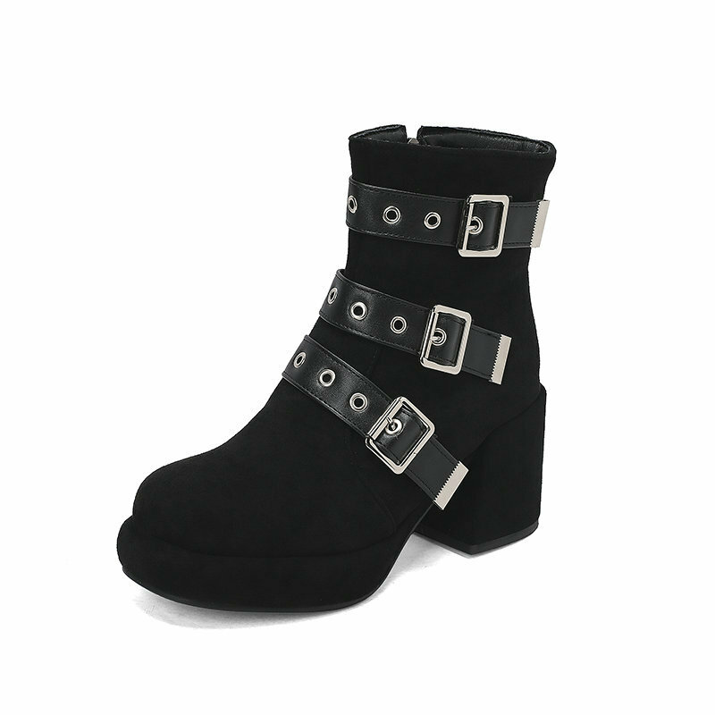 2023 New Ankle Boots Women Quality Platform Boots Female Fashion Belt Buckle Short Boots Punk Chunky High Heel Women Shoes33-43