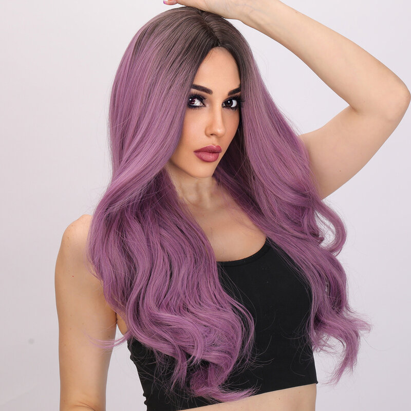 Smilco-Perruque synthétique bouclée violet clair pour femme, partie médiane, cheveux longs ondulés, 03/Cosplay Party, perruques de degré de chaleur naturelle