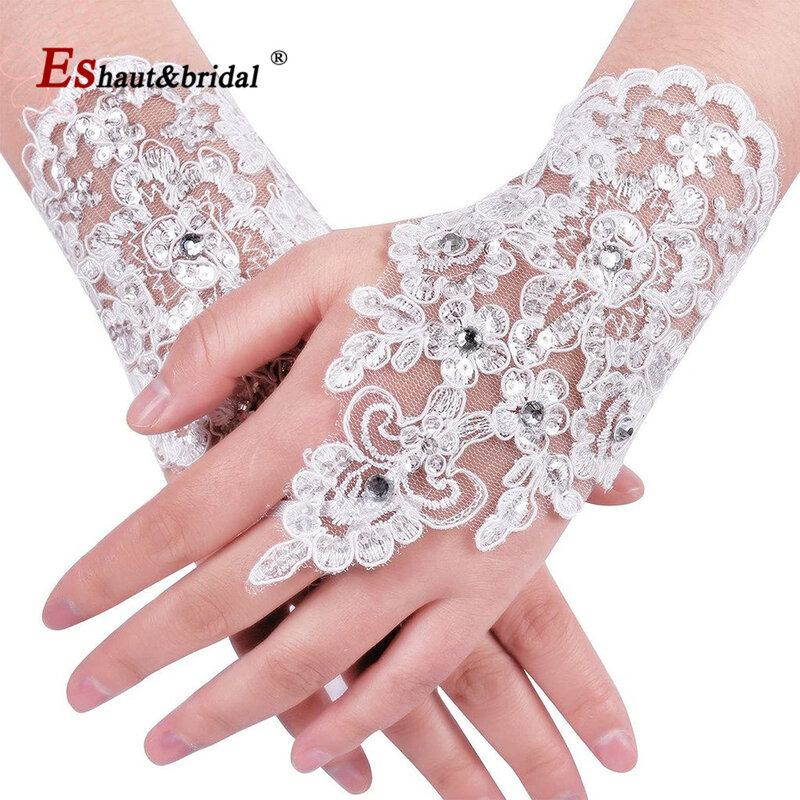 Hohe Qualität Elegante Elfenbein Kurzen Absatz Spitze Finger Strass Braut Handschuhe für Hochzeit Party Sexy Zubehör
