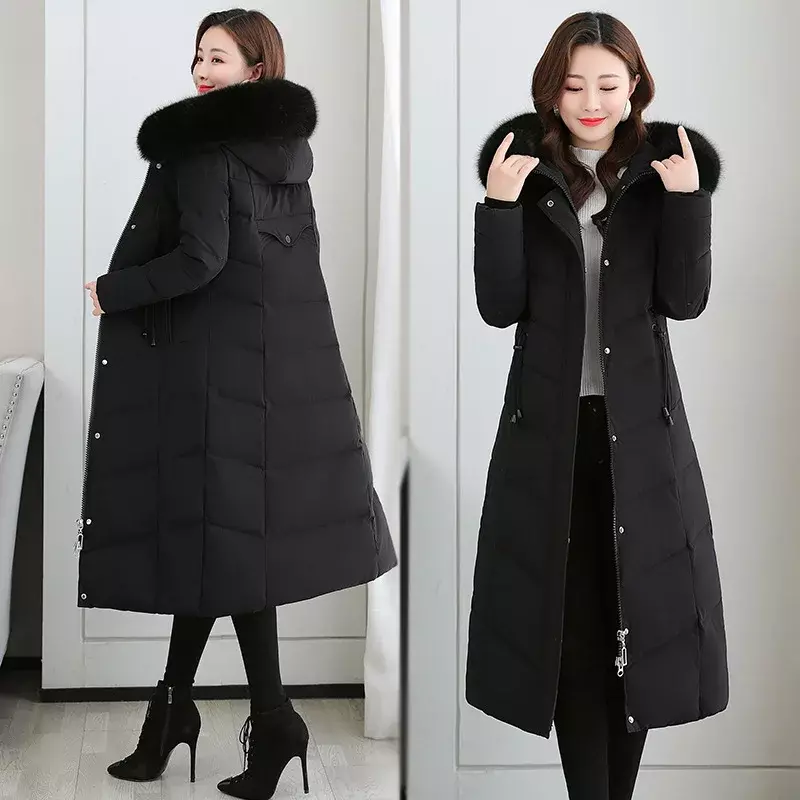 Jaket panjang katun wanita, tudung dipertebal dilengkapi dengan sustan, desain tali serut, jaket katun hangat kerah wol besar