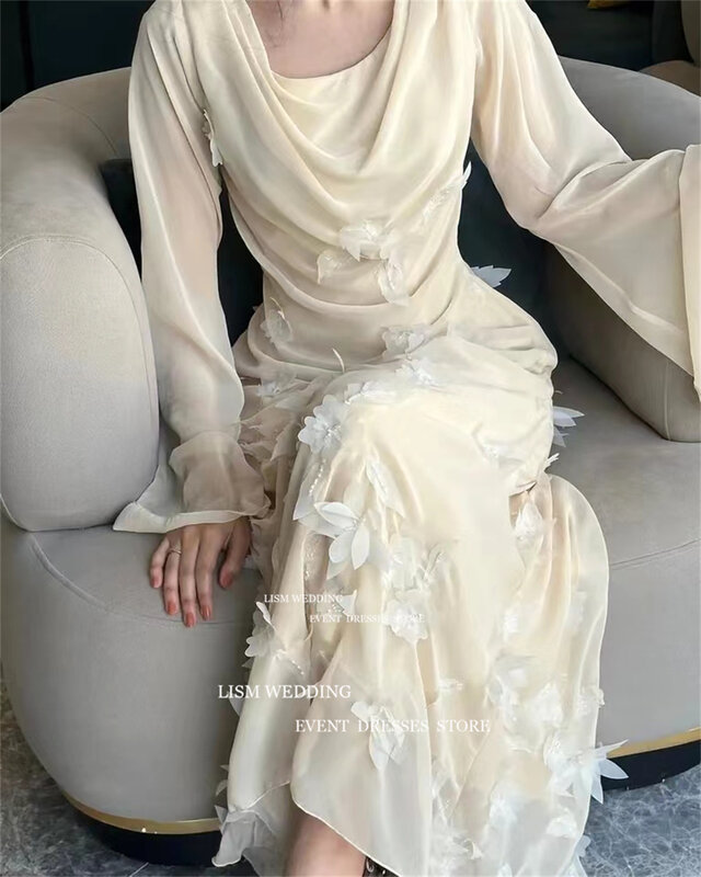 LISM elegante Chiffon A Line abiti da sera Dawl Neck 3D Flowers manica lunga Prom Occasion Gown Backless Outfit Party Dress