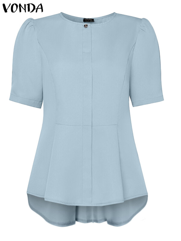 Повседневная однотонная блузка 2023 VONDA, женские летние блузки с короткими рукавами-фонариками, модные топы с круглым вырезом, женские свободные пуловеры