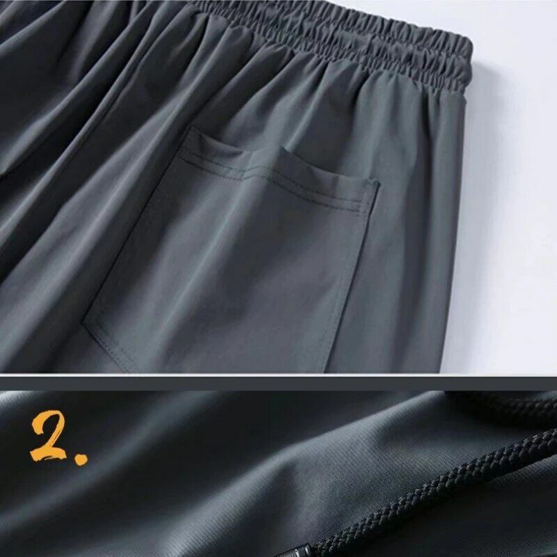 Pantaloni Casual estivi in seta di ghiaccio ad asciugatura rapida pantaloni elastici ultrasottili a nove punti da uomo pantaloni larghi con drappeggio solido 7XL
