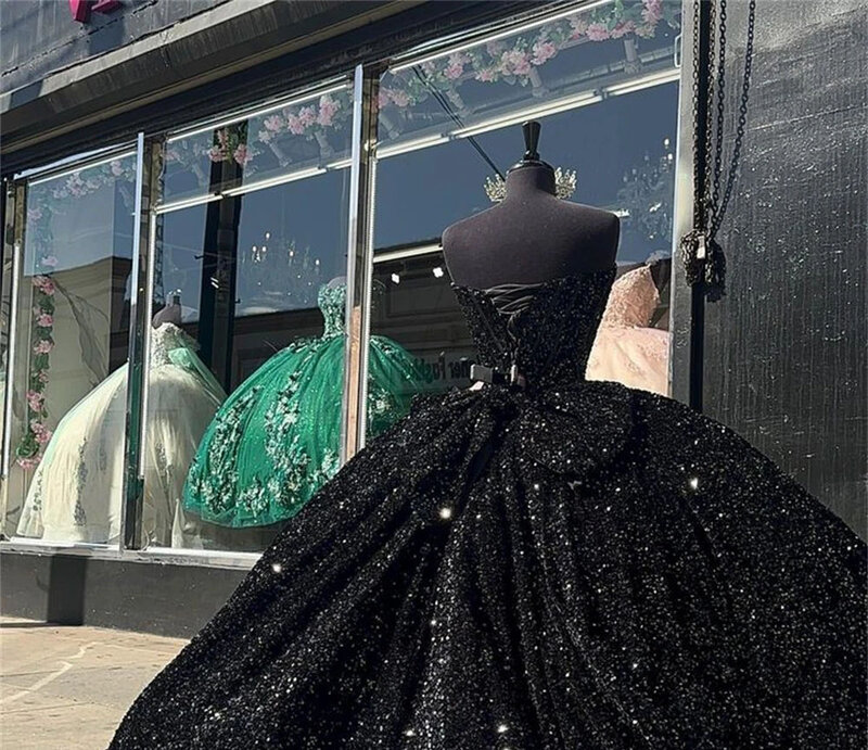 Gaun hitam putri Quinceanera gaun bola Gaun tipis payet berkilau manis 16 Gaun 15 AFO Meksiko