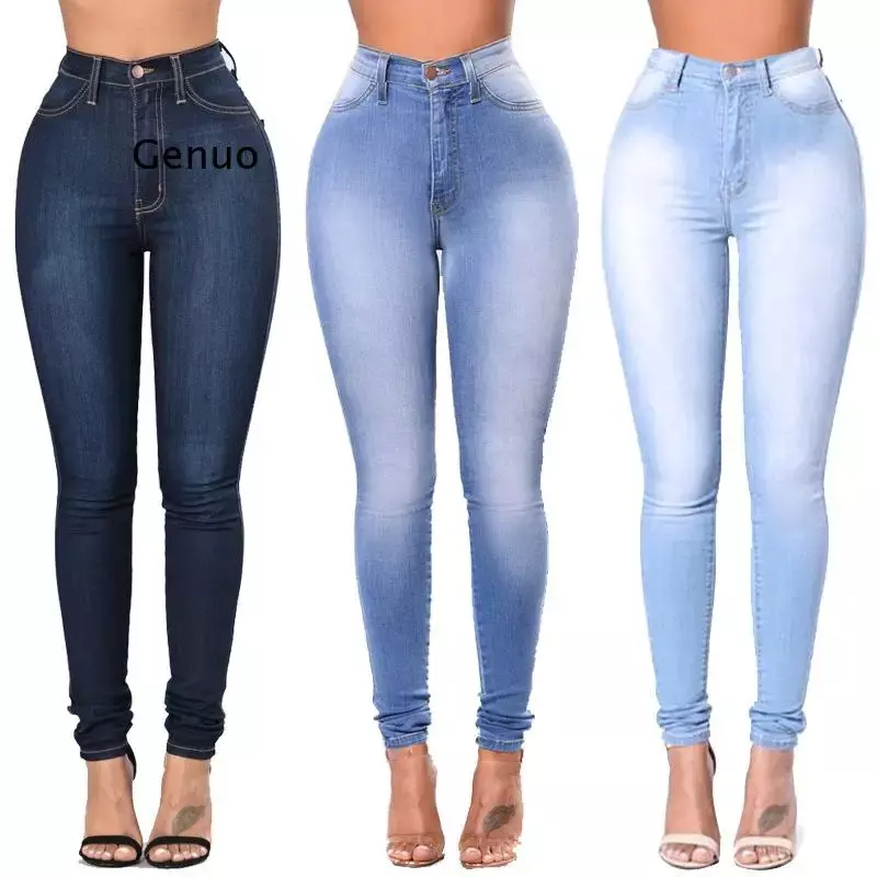 Calça jeans skinny de cintura alta feminina, casual, stretch, calça pequena, roupas de primavera e verão, moda feminina