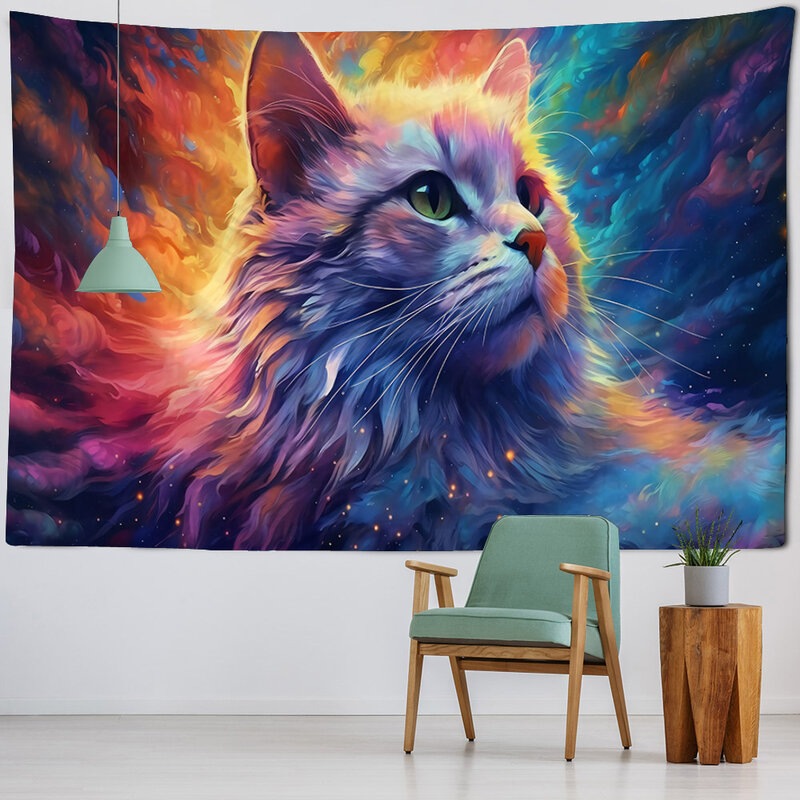 Tapiz de gato de colores para colgar en la pared, brujería, animal psicodélico, dormitorio, decoración estética de la habitación, tela de fondo de ensueño