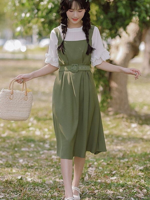 2 Pcs Sets Women Summer Ruffles Blouses Knee-length Dresses Vintage Sweet Pure Casual Aesthetic Girl Style All-match Classic New