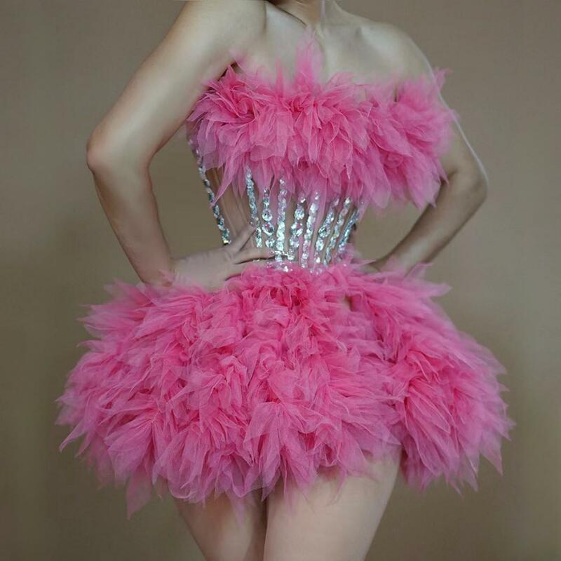 Sparkly Rhinestones Sequins Tube Tutu Pink Mesh Dresses Women Sexy Birthday Party Prom Evening Dress Photo Shoot Wear Baozha