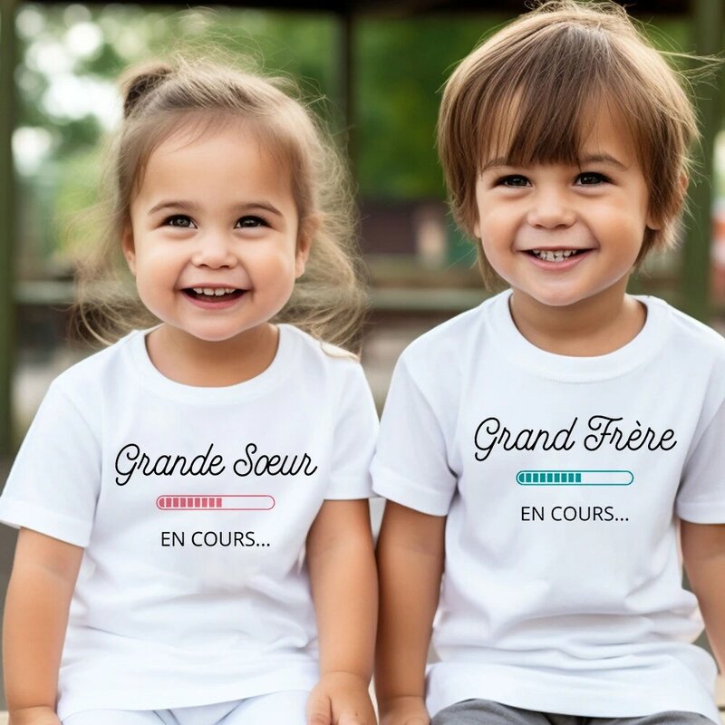 Starsza siostra starszy brat w toku francuska koszulka z nadrukiem koszula w ciąży dziecięca koszulka dla chłopców i dziewcząt letnia koszulka