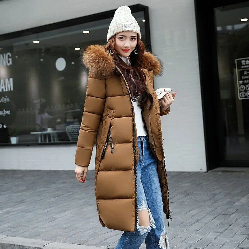 Jaket Down parka wanita, mantel panjang musim dingin, jaket katun bertudung modis, mantel ramping tebal kerah bulu besar, jaket musim dingin 2024