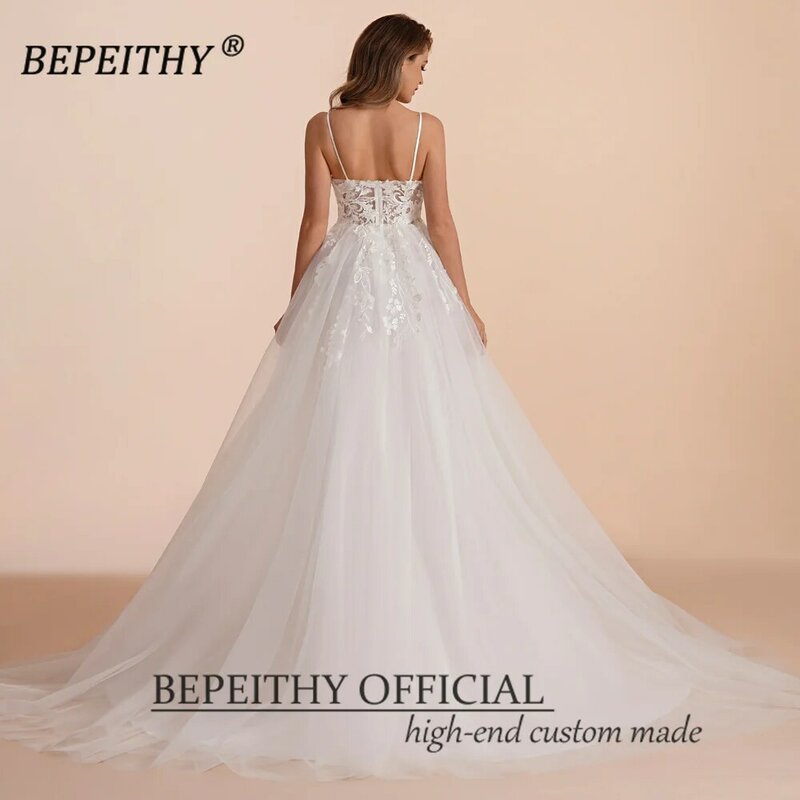 BEPEITHY Boho Ivory Line koronkowe suknie ślubne dla panny młodej kobiety 2023 bez rękawów piętro długość Sexy ogród biała suknia ślubna nowy