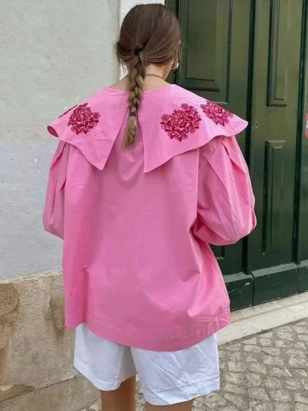 Elegant Loose Doll Collar Shirts Women Embroidered Long Lantern Sleeve Single-breasted Blouses for Lady 2024 Spring Summer Tops