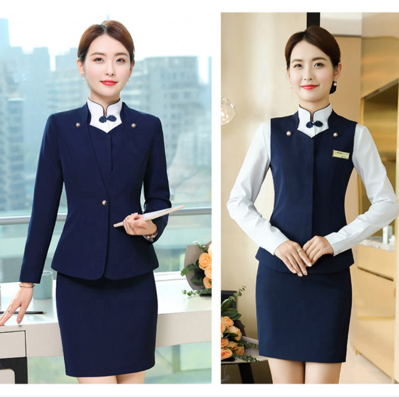 Pretty jacket shirt vest skirt suit custom ladys elegant design receptionist hotel front desk staff uniform women's suit set