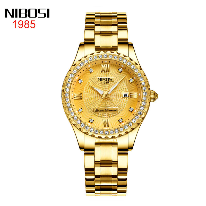NIBOSI-reloj de cuarzo dorado para mujer, cronógrafo de acero inoxidable, resistente al agua, con fecha