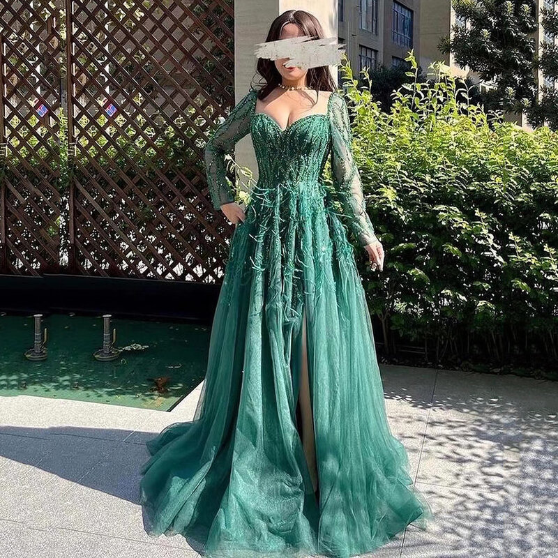 Gaun Prom Tulle Bulu Manik-manik Lengan Panjang Kontes Pesta Gaun Malam Formal Jubah Belakang Ritsleting De Soiree Dubai