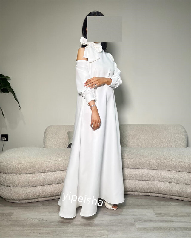 Vestido de noche de satén con lazo, traje Formal de cuello alto, a medida, Midi, Arabia Saudita