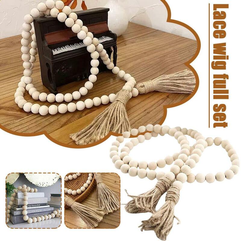100cm Wooden Bead Garland Farmhouse Rustic Country Prayer Hanging Beads Decorations Wall Tassle F8j2