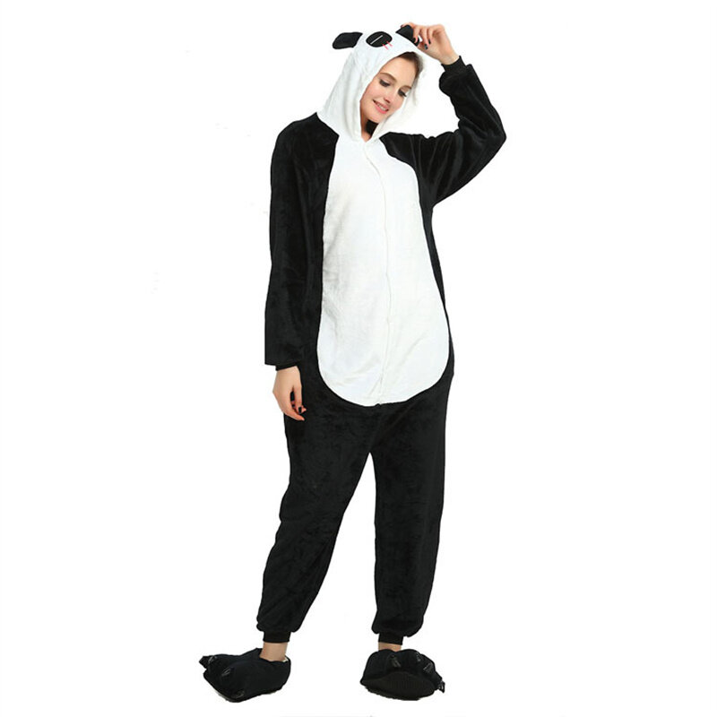 Piyama Panda lucu, pakaian tidur kasual Cosplay Halloween mode uniseks flanel lembut dengan ritsleting