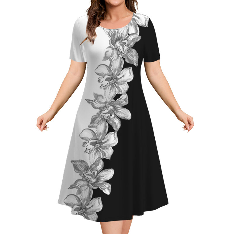 2024 Women's Dresses Floral Print Elegant Midi Dresses Female Short Sleeve Dress Fashion Oversized Clothes Summer