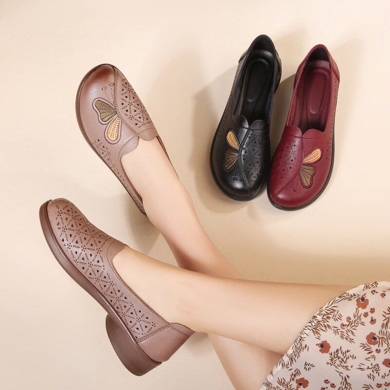 2024 New elegant shoes with butterfly ladies driving lofer low heels shoes woman slip on microfiber leather flats mom moccasins
