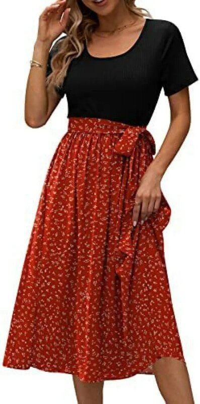 Spring and Summer Women's Midi Skirt Casual New Cotton Round Neck Spliced Lace Up Flower Printing Short Sleeve Dress