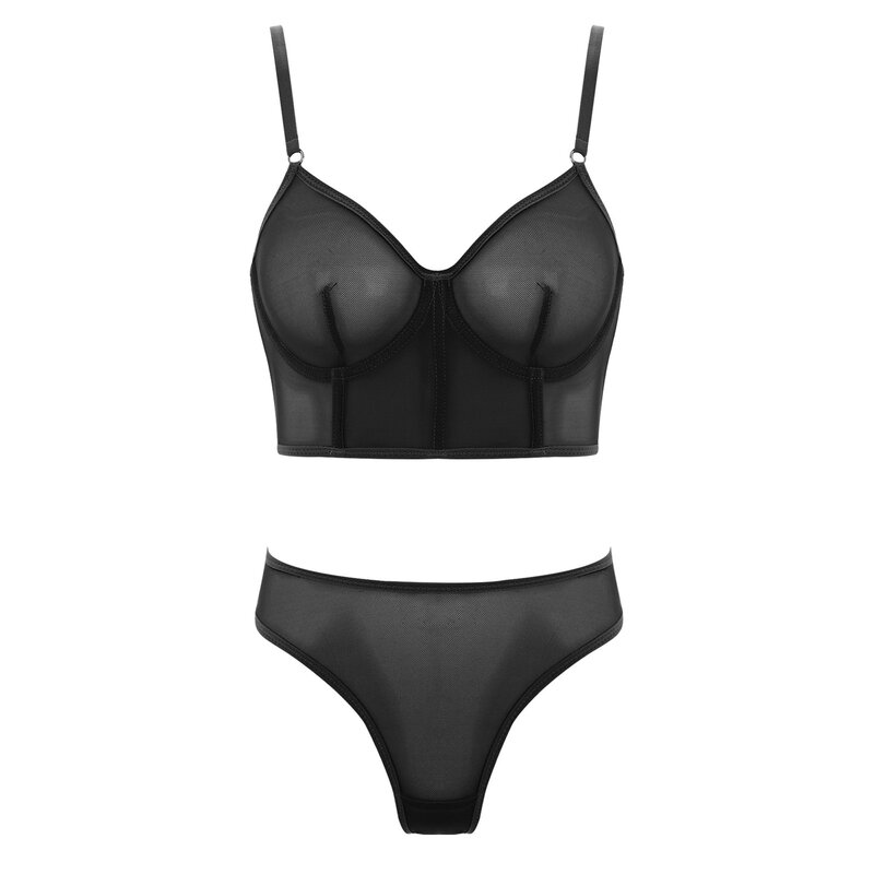 Womens Sexy Bikini Suit See-Through Mesh Lingerie Bathing Swimwear Beachwear Underwired Bra Top Bustier with Low Waist Thongs