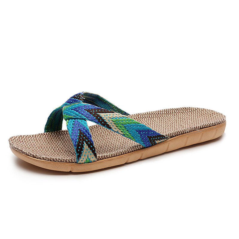 Scarpe per uomo pantofole di lino multicolore scarpe da interno in lino estivo casa Casual scivoli da spiaggia cintura incrociata uomo infradito sandali