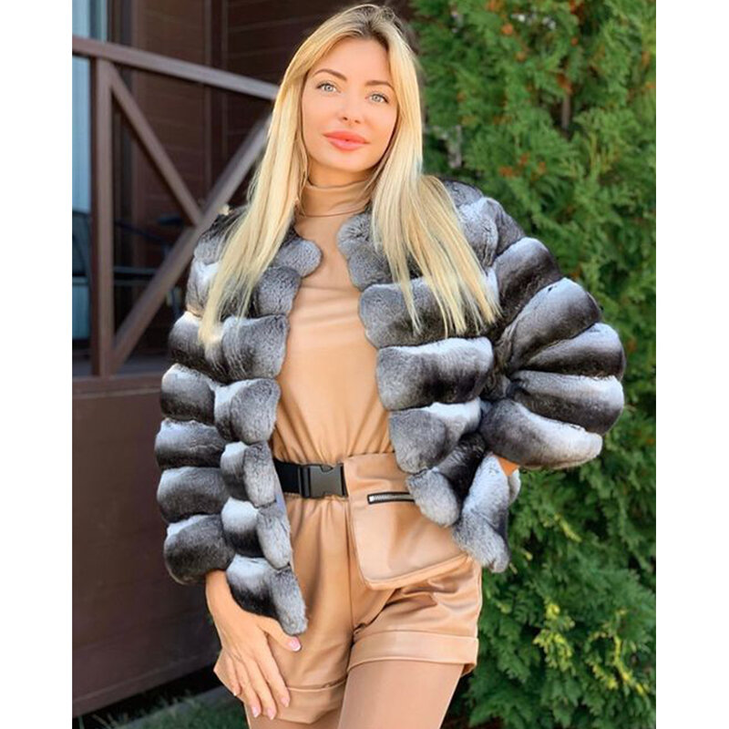 Chaqueta de piel de conejo Real Rex para mujer, abrigo corto de color Chinchilla, abrigos de piel de conejo Natural de lujo con solapa 2023