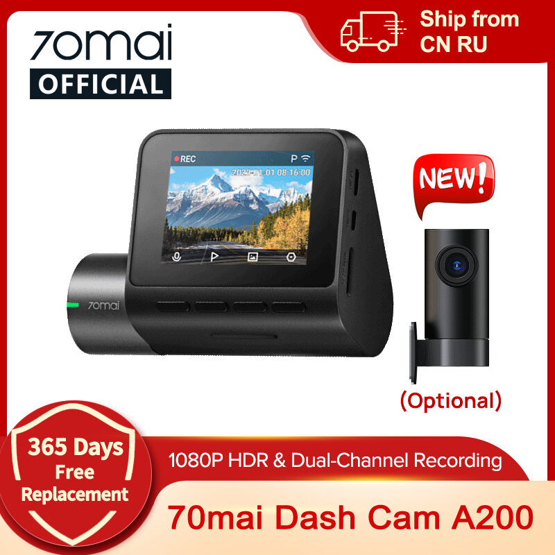 70mai-Car Dash Cam com gravação de canal duplo, A200, 1080P, HDR, tela IPS de 2 ", monitor de estacionamento 24H, DVR, APP WiFi, 130 ° FOV, Global