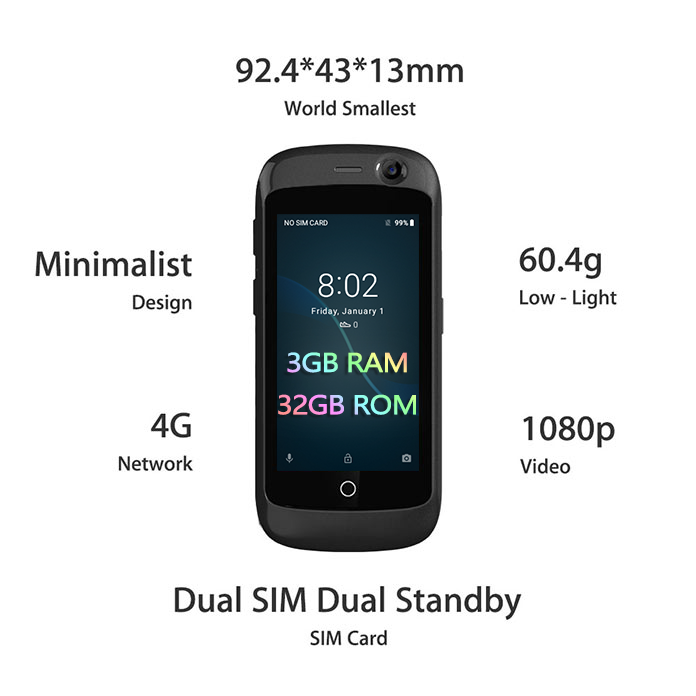 Unihertz Jelly Pro 3 ГБ + 32 ГБ, самый маленький 4G смартфон в мире, Android 8,1 Oreo разблокированный смартфон черный
