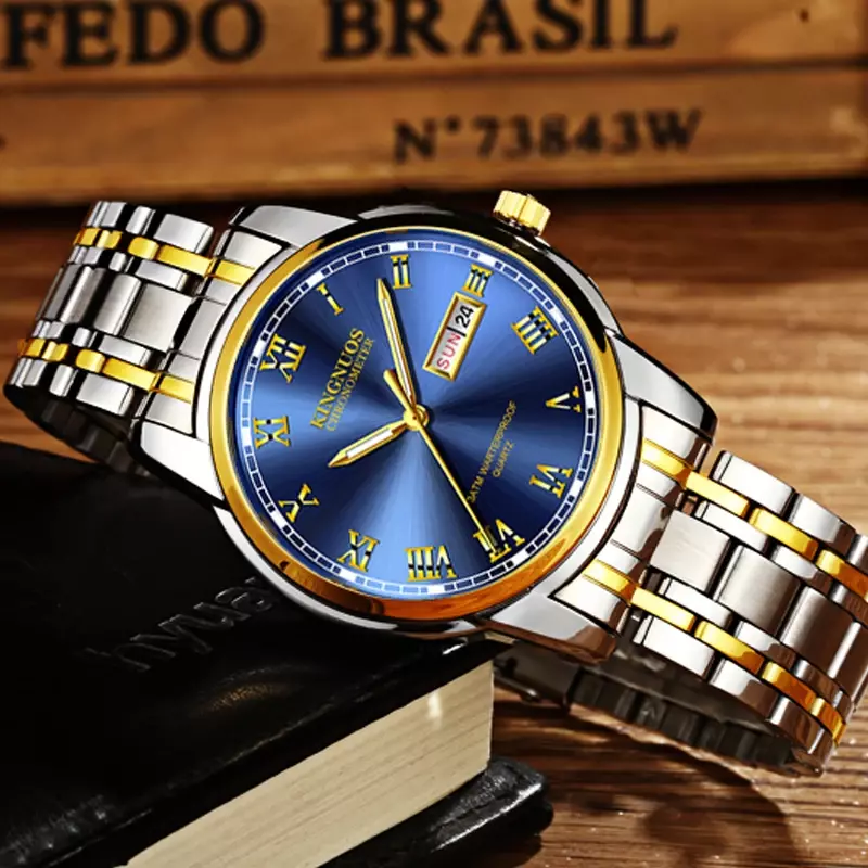 Dropshipping New Mens Watches Luminous Waterproof Gold Stainless Steel Quartz Watch Men Date Calendar Business Wristwatch XFCS
