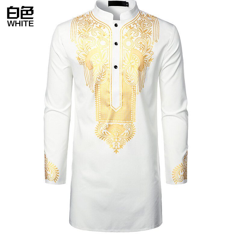 Dubai Luxury Casual Islamic Arabic Abaya Robe Fashion Ethnic Print Stand Collar Youth Mid-length Shirt Coat Muslim Men Clothing