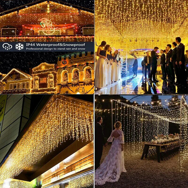 Decoraciones navideñas de Ramadán para exteriores, cortina LED impermeable, carámbano, cadena de luces de hadas, guirnalda de calle en la casa, Invierno