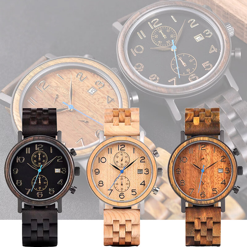 Jam tangan olahraga Quartz pria, kayu dengan tampilan Analog kalender arloji bisnis kasual, hadiah terbaik untuk Hari Valentine/ulang tahun