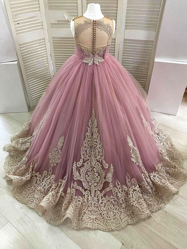Pink Tulle Flower Girl Dresses For Wedding Gold Lace Puffy Princess Sleeveless Floor Length Kids Birthday Party Dress Ball Gowns