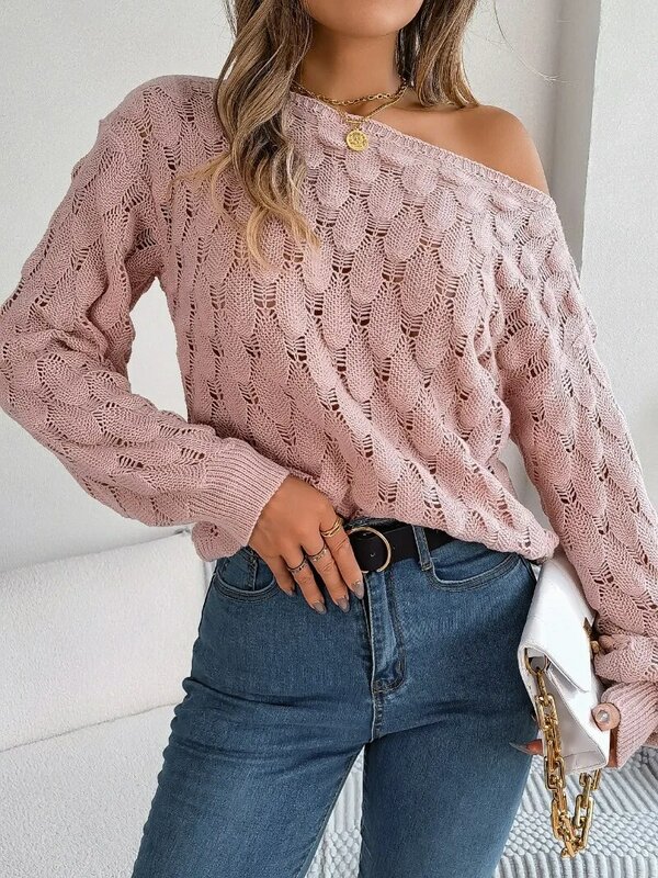 Casual Loose Knit Pullover Sweater Winter Women's Pullovers Feather Hollow O-neck Solid Sexy Off Shoulder Lantern Sleeve Sweater
