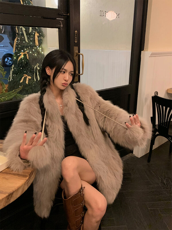 Leather Fur Coat Women's Solid Color Thickened Belly Fur Stand Collar Long Sleeve Mid-Length Autumn and Winter Fashion Loose 1Pc