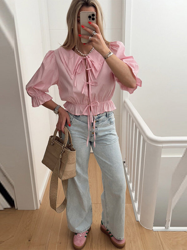 Striped Lace Up Hollow Out Folds Women Shirts 2024 Casual Solid Double Layer Collar Ruffles Puff Sleeve Office Lady Blouses