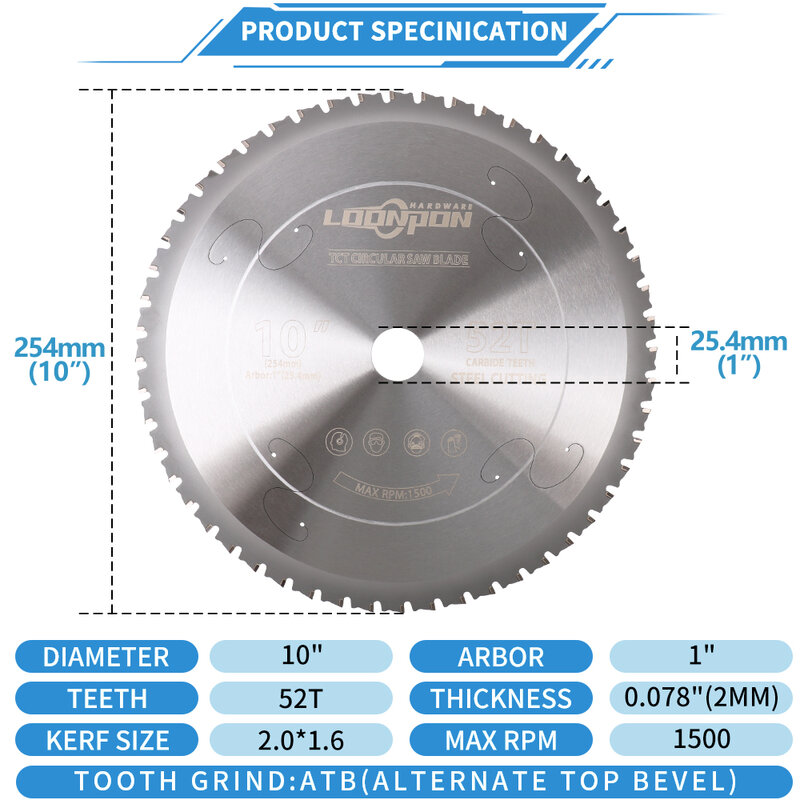 Loonpon Metal Cutting Disc 254mm 10inch Carbide Circular Saw Blade For Steel Iron Aluminum Metal Cutting Blade