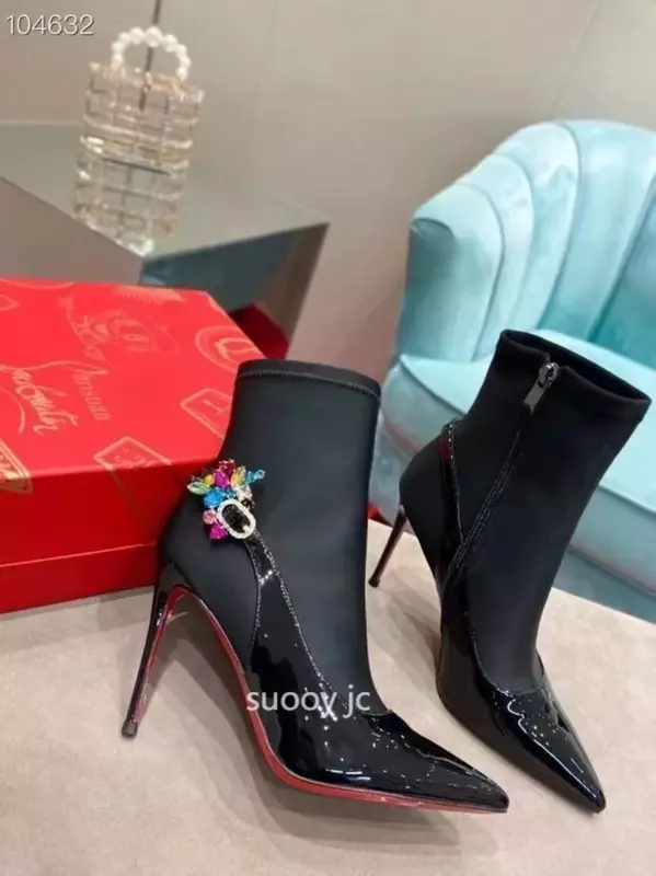 Sapatos femininos de sola vermelha cristal, botas de salto alto, botas sensuais pretas, moda luxo, marca