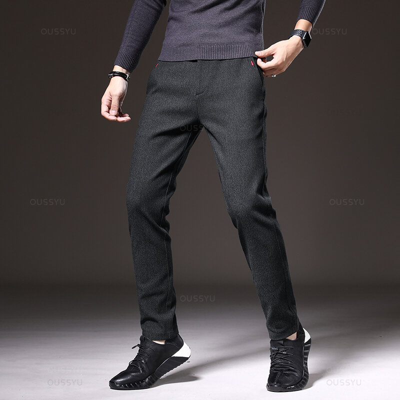 Мужские повседневные брюки с начесом Four Seasons, деловые модные облегающие тянущиеся плотные брюки из хлопка серого, синего, черного цветов