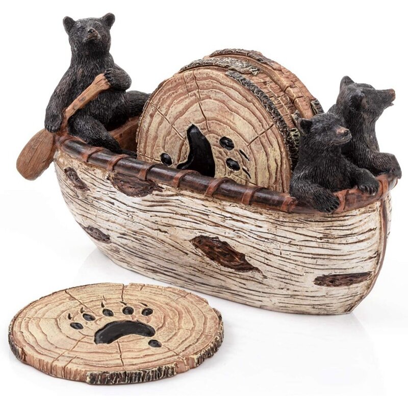 Juego de posavasos de oso negro, posavasos de canoa, artesanía de resina, estatua de oso lindo, adornos para el hogar