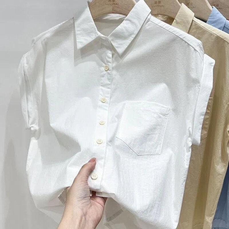 Blusa holgada de manga corta con cuello de Polo para mujer, camisa informal con botones de Color sólido, Tops Vintage, ropa de moda para mujer