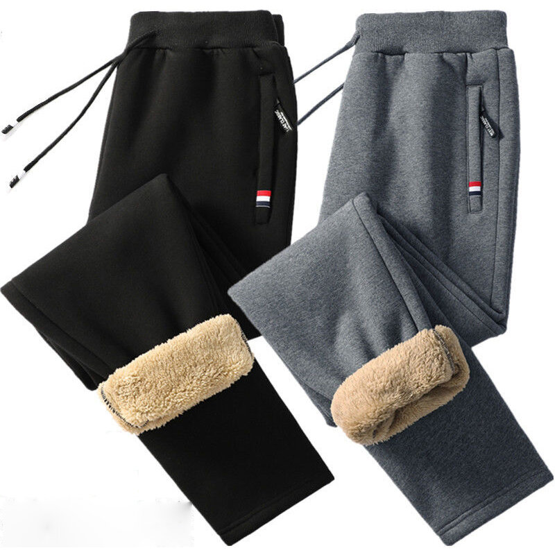Зимние флисовые прямые брюки, мужские спортивные брюки для фитнеса и бега, Теплые повседневные брюки из овечьей шерсти, мужские однотонные брюки на завязках