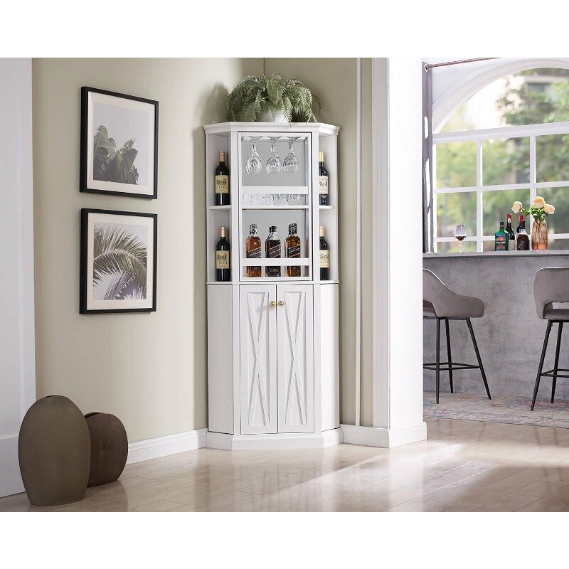 Kabinet Bar sudut serbaguna 68.5 "dengan penyimpanan anggur, tinggi rak dapat disetel, rak anggur 6 botol, rak barang pecah belah untuk 6 kacamata