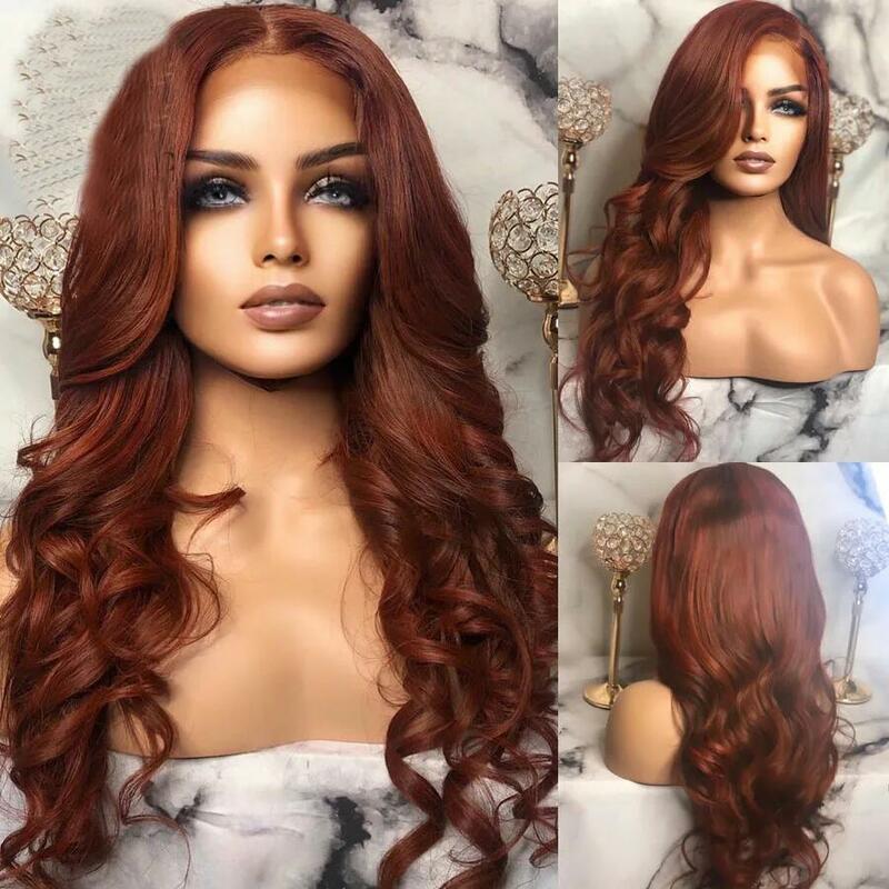 Preplucked Soft 180Density 26“ Long Orange Brown Body Wave  Lace Front Wig For Women BabyHair Glueless Heat Resistant Daily Wig