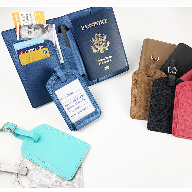 ชุดป้ายกระเป๋าใส่พาสปอร์ตแบบสั่งทำชื่อซองใส่หนังสือเดินทางตั๋วหนัง PU ลายแซฟไฟโน่แฟชั่นแบบสั่งทำได้ฟรีกระเป๋าสตางค์พกพาได้