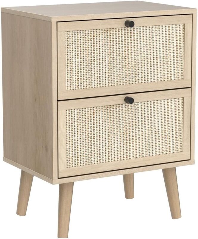 Rattan Nightstand Set of 2, Wood End Tables with Drawers, Boho Bedside Table Storage Side Table for Bedroom Living Room